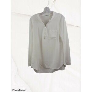 FURNEX V Neck‎ Chiffon Blouse Half Zip up Casual Tunic Shirts Large White